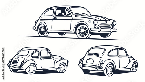 Vintage car illustrations in black and white for design use