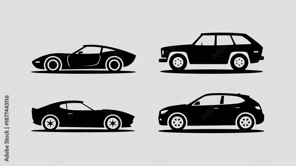 Fototapeta premium a minimalist depiction of four distinct automobile silhouettes in black showcasing a sports car station wagon coupe and suv design high quality professional detailed modern elegant