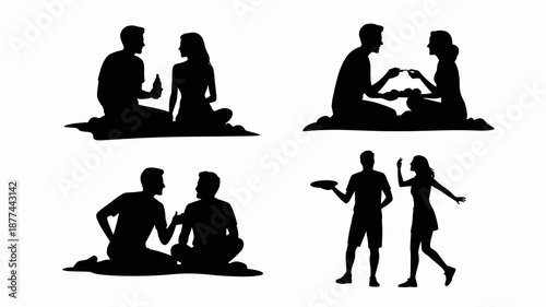 Silhouettes of couples enjoying outdoor activities such as picnics conversations and leisurely strolls are depicted in a minimalist style high quality professional detailed modern elegant stylish