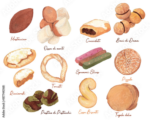 Watercolor Italian biscotti and traditional cookies illustration featuring cantucci, lingue di gatto, canestrelli and classic European pastries, hand painted bakery sweets collection isolated on white