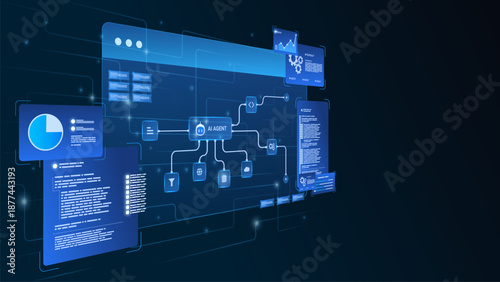 AI workflow automation artificial intelligence. ai agent network diagram dashboard machine learning showing node input, processing flow, data and automation system.