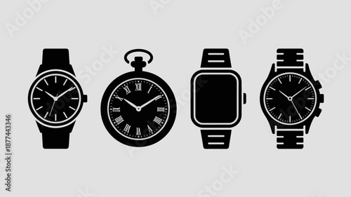 a collection of four different timekeeping devices including classic wristwatches a pocket watch and modern smartwatches shown in black silhouette high quality professional detailed elegant stylish