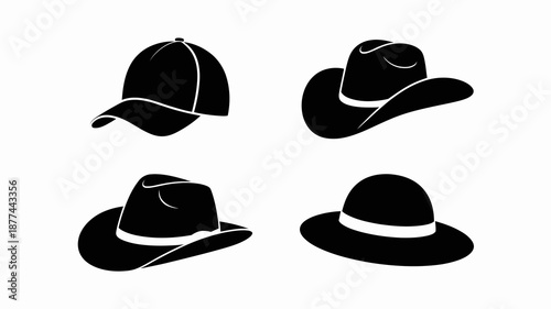 a minimalistic depiction of four distinct hat silhouettes in black showcasing a baseball cap cowboy hat fedora and bowler hat arrangement high quality professional detailed modern