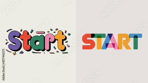 A visual comparison featuring the word start designed in two distinct styles one colorful and illustrated and the other bold and solid high quality professional detailed