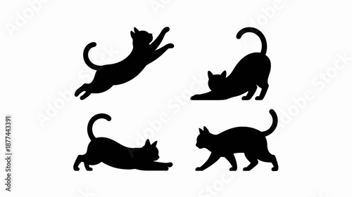 a minimalist depiction showcases four black cat silhouettes in dynamic poses capturing the playful and agile nature of feline movement and form high quality professional detailed