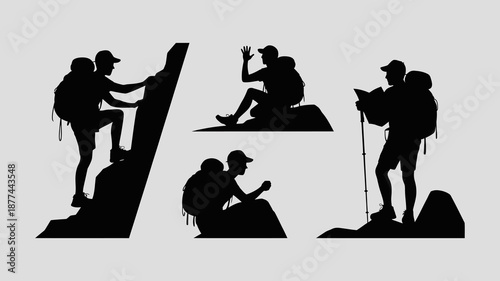 a series of black silhouette illustrations depicting hikers and climbers engaging in various outdoor activities in mountainous terrain high quality professional detailed modern elegant stylish clean