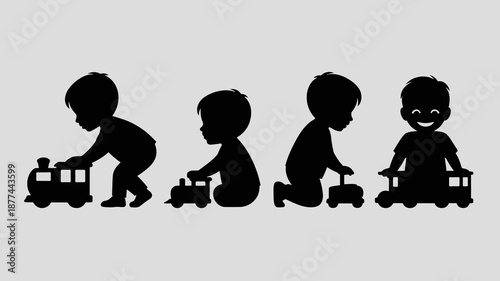 a silhouette illustration depicts the stages of a child s development playing with a toy train showcasing growth and imagination high quality professional detailed modern elegant