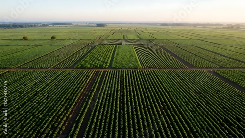 Expansive agricultural fields under a clear sky, showcasing rows of crops in a vast rural landscape from an aerial perspective