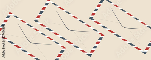 Airmail envelope frame with blue and red stripes on white background. International vintage letter border. Retro air mail postcard. Blank envelope.