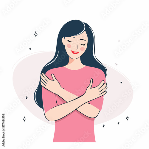 A serene woman embracing herself with a gentle smile, expressing self love language in a peaceful environment