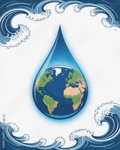 Single glowing water drop cradles the Earth, symbolizing purity and life in a vibrant ocean scene. World Water Day