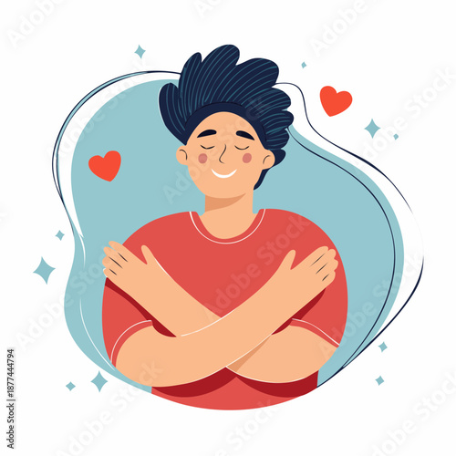 A person embracing themselves with a warm smile, surrounded by hearts and sparkles, expressing self love as a universal love language