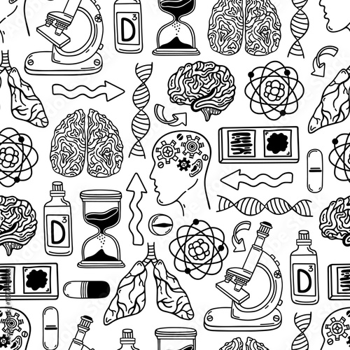 Human health seamless vector pattern. Biohacking, studying internal organs. Blood tests, microscopic examination. Vitamins, treatment pills. Genetics, DNA testing background. Black and white ornament