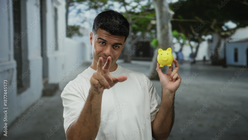 © Krakenimages.com - Young man in white shirt gesturing playful expression while holding a yellow piggy bank outdoors on a city street. © Krakenimages.com - Young man in white shirt gesturing playful expression while holding a yellow piggy bank outdoors on a city street.