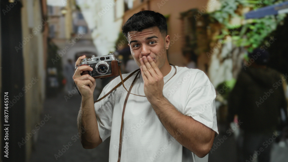 © Krakenimages.com - Young man holding camera on city street with blurred background, expressing playfulness while standing outdoors in casual white shirt during daytime. © Krakenimages.com - Young man holding camera on city street with blurred background, expressing playfulness while standing outdoors in casual white shirt during daytime.