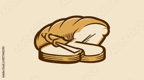 A stylized illustration features a brown and beige bread loaf with sliced pieces