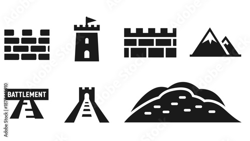 Medieval fortress and natural elements set in bold silhouette style