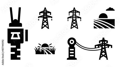 Energy icon set featuring power lines and sunrise elements in silhouette style