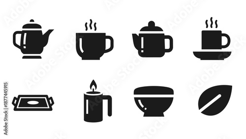Coffee and tea icon set with tray, beverage mugs, pots, candle, bowl, leaf