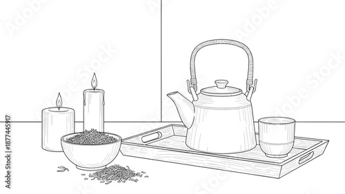 Traditional japanese tea set with candles and teapot on tray line art illustration