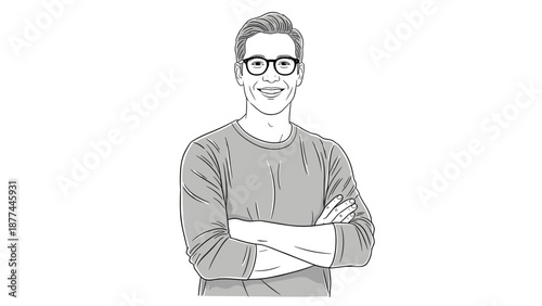 Confident smiling man in glasses with folded arms black and white line art