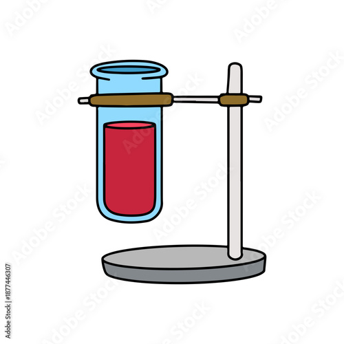 Test tube with red liquid held by a clamp on a retort stand, a simple illustration of chemistry lab equipment for scientific experiments and education