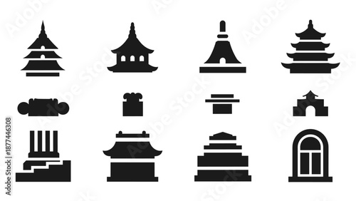 Set of asian architectural icons in silhouette style