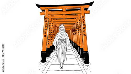 Traditional japanese torii gate path and kitsune mask in linear art style