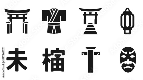 Traditional japanese icons: torii gate, kimono, lantern, kanji, kabuki mask in black icons