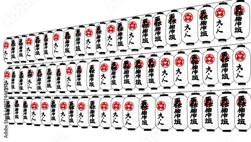 Traditional japanese lanterns hanging in rows displaying red and black calligraphy