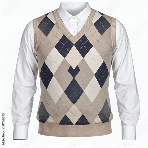 Classic argyle sweater vest paired with white shirt on a white background plain style