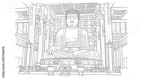 Detailed line art of majestic buddha statue in ornate temple interior