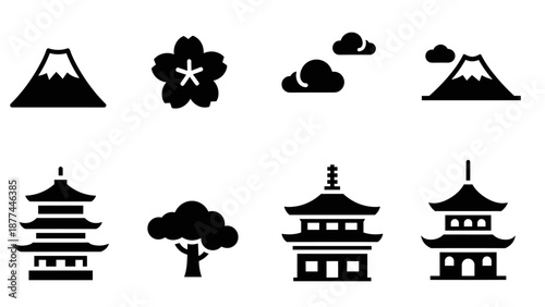Japanese minimalist icons: mountains, pagodas, cherry blossoms, and clouds