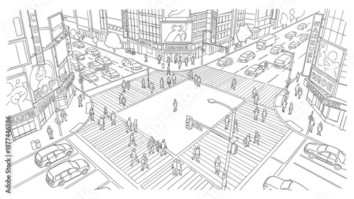 Urban cityscape with pedestrians and traffic at busy intersection in linear art style