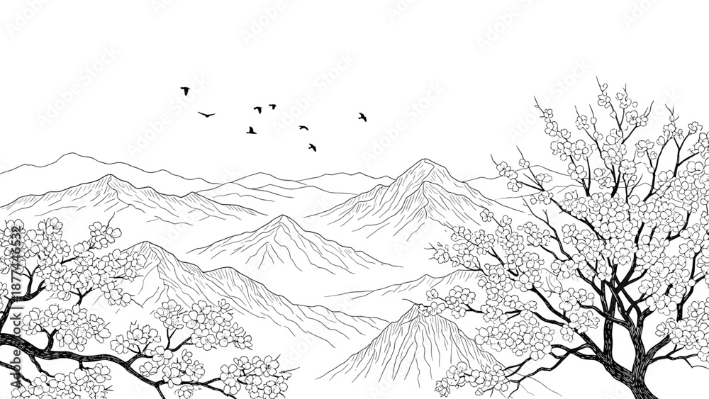 Fototapeta premium Scenic mountain landscape with cherry blossoms and birds in black and white line art