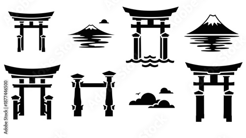 Traditional japanese torii gates and mount fuji in silhouette style