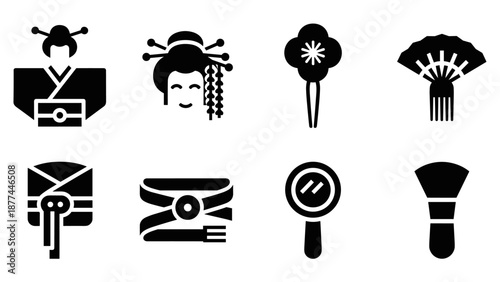 Traditional japanese icons: kimono, geisha, and accessories in bold silhouette style