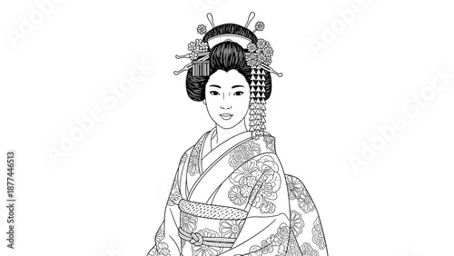 Elegant geisha outline: traditional japanese cultural art in linear style