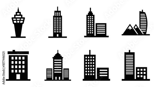 Modern city silhouette icons featuring skyscrapers and urban structures