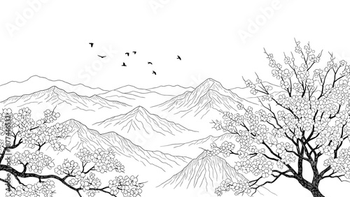 Scenic mountain landscape with cherry blossoms and birds in black and white line art