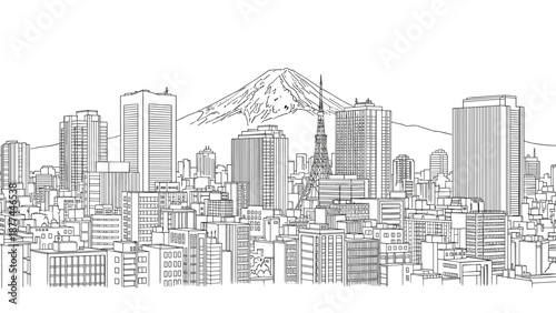 Modern tokyo cityscape with iconic mount fuji outline