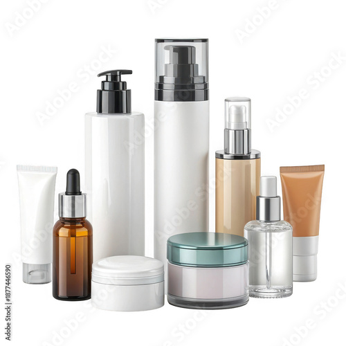 3d skincare product collection isolated on transparent background