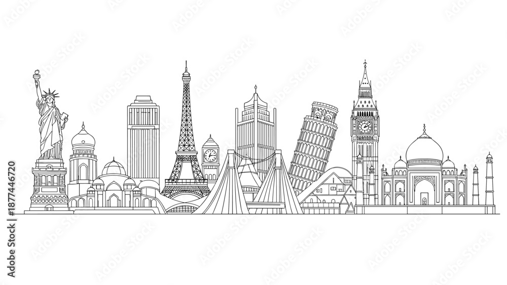 Obraz premium Iconic global landmarks line art design featuring famous architectural marvels