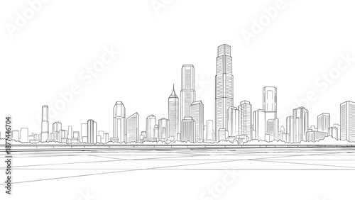 Modern city skyline in linear style with geometric perspective