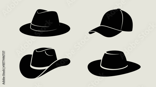 a collection of silhouetted hats is displayed against a neutral background showcasing various styles like fedoras cowboy hats and baseball caps high quality professional detailed modern