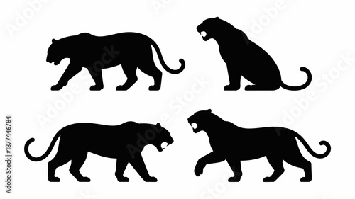 a striking depiction of four black silhouettes of majestic tigers in various dynamic poses showcasing their power and grace high quality professional detailed modern elegant stylish