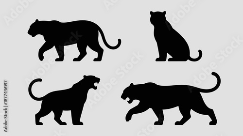 A striking visual compilation showcases four distinct silhouettes of majestic tigers in various poses emphasizing their power and grace high quality professional detailed modern elegant stylish