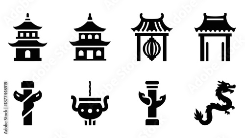 Traditional chinese architecture and cultural symbols silhouette icons