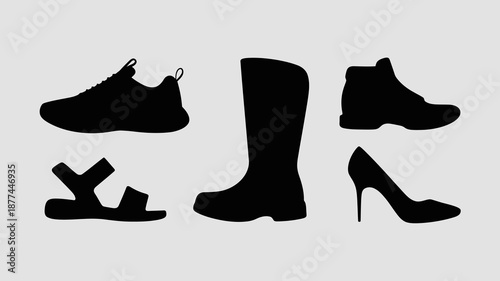 a minimalistic design featuring a collection of black silhouette footwear including sneakers boots heels and sandals on a light gray background high quality professional detailed modern