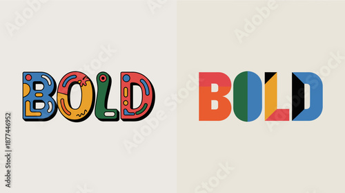 a colorful illustration presents the word bold twice with distinct letter color schemes and playful decorative elements creating a vibrant visual impact high quality professional detailed